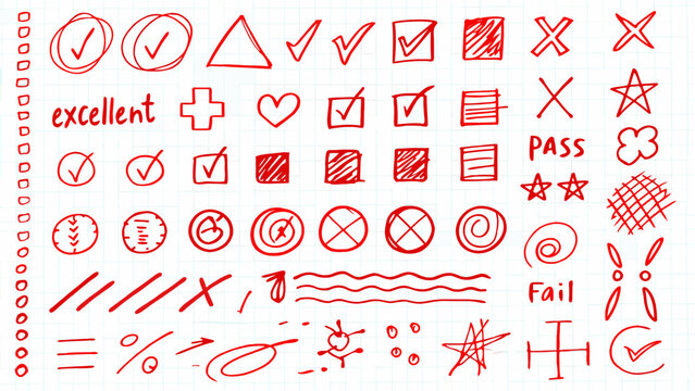 Hand drawn doodle set featuring check marks crosses and various symbols on white background