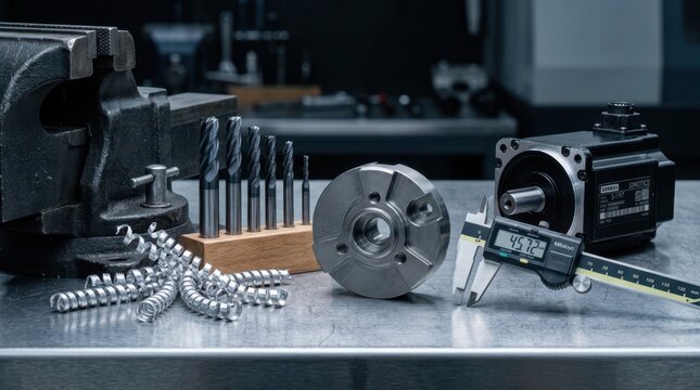 Precision machining tools and parts on a stainless workbench with carbide end mills, digital calipers, titanium workpiece, servo motor housing, and aluminum chips.