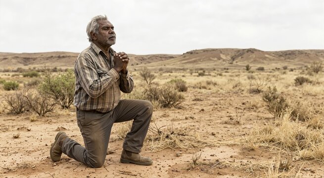 Indigenous elder kneeling and praying for rain in a dry barren landscape. Aboriginal man in the arid outback experiencing drought and water scarcity. Climate change concept