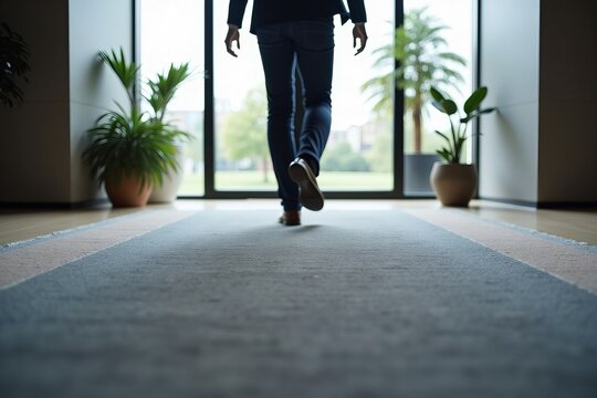 Dynamic Viewpoint: Close-Up of a Person Navigating an Unsecured Rug in a Corporate Office Lobby, Highlighting the Contrast with the Sleek Professional Setting.