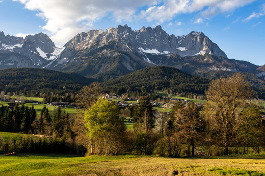 Spring Tyrolean valley under the Wilder Kaiser mountain massif
