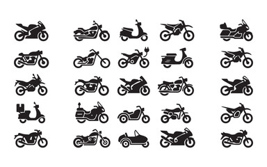 Fototapeta premium Motorcycles and motorbikes vector icon set. Sportbike, cruiser, scooter, dirt bike, chopper, electric bike, delivery motorcycle, and vintage bike silhouettes.
