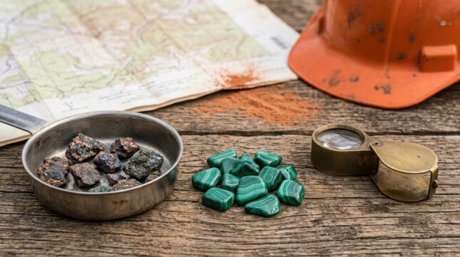 Copper ore fragments, malachite chips, assay pan, and hand lens on a weathered table for mineral exploration and resource growth.