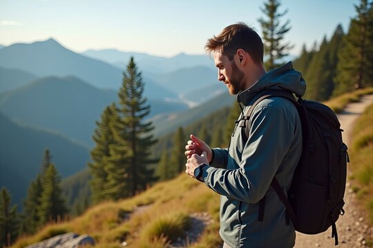 Exploring Nature: A Hiker Engrossed in His Smartwatch Amidst Breathtaking Scenery