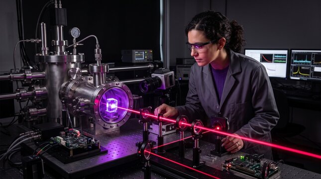 Female scientist working with advanced laser equipment in laboratory.