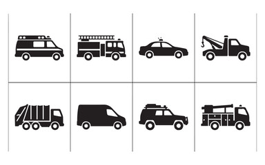 Emergency and service vehicles icon set. Ambulance, fire truck, police car, tow truck, garbage truck, delivery van, off-road SUV, and bucket truck vector icons. © Amir