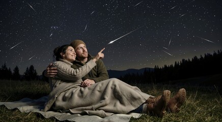 Obraz premium Couple stargazing and watching a meteor shower at night. Man and woman wrapped in a blanket looking at shooting stars