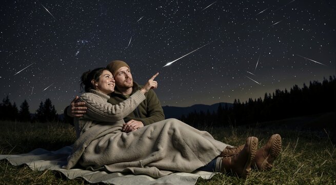 Couple stargazing and watching a meteor shower at night. Man and woman wrapped in a blanket looking at shooting stars