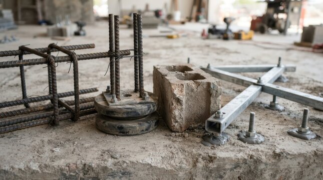 Earthquake retrofit materials on concrete slab with rebar cages, cross braces, epoxy anchors, rubber base isolator and masonry block