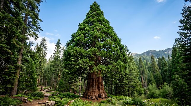 Large giant sequoia tree standing in a beautiful pine forest with a clear blue sky on a bright sunny summer day