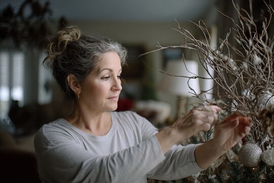 Post-holiday interior with woman and fading festive decorations.