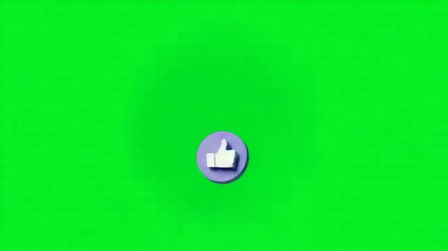 A 3D rendered white thumbs up icon on a round purple button against a bright green screen background representing approval liking and positive feedback in digital communication and social media video