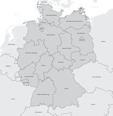 Fototapeta premium Map of the federal states of Germany with borders of Central Europe countries, monochrome vector illustration with administrative divisions