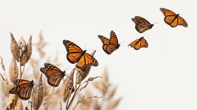 Monarch butterflies migrating on dried milkweed plant. Insects flying in sequence representing seasonal movement. Animal migration journey and natural phenomenon in autumn ecology concept.