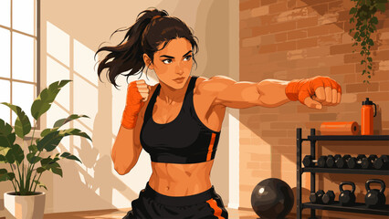 Fototapeta premium Athletic woman training indoors with clenched fists, woman, training, fitness, fists, workout, sportswear, indoor, strength,