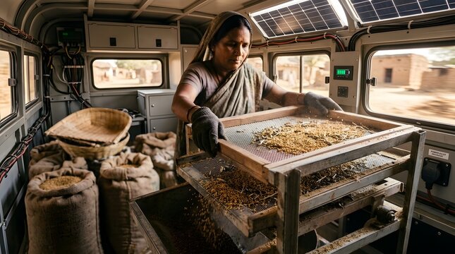 Woman sifting grains in mobile processing unit with bags and basket in background