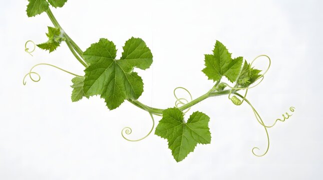 A vibrant green cucumber or pumpkin vine featuring delicate, curling tendrils and serrated, heart-shaped leaves, captured against a clean, bright, and minimalist white background studio setting.