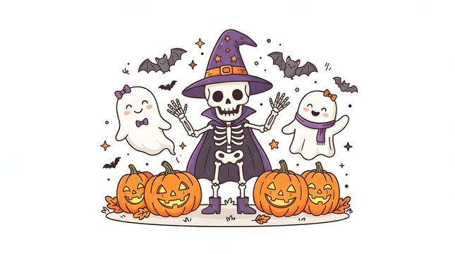 A whimsical and friendly cartoon illustration featuring a happy skeleton wearing a wizard hat and cape surrounded by cute ghosts, bats, and carved jack-o'-lantern pumpkins.