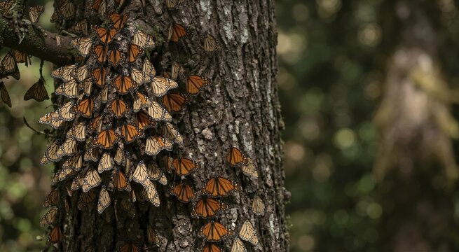 Large cluster of Monarch butterflies resting on the rough bark of a tree trunk. Insect wildlife and seasonal butterfly migration patterns concept. Close up macro photography