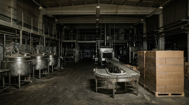 Empty confectionery production hall with idle mixing vats, motionless conveyor belts, stacked cartons, and dim factory lighting.
