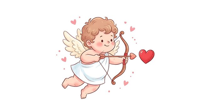 Cute little cupid baby angel flying and shooting a heart arrow with a bow for valentines day