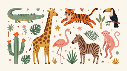 Obraz premium Whimsical African Safari Animals and Tropical Jungle Flora Illustration Set - Cute Cartoon Wildlife Collection for Kids and Nursery Design