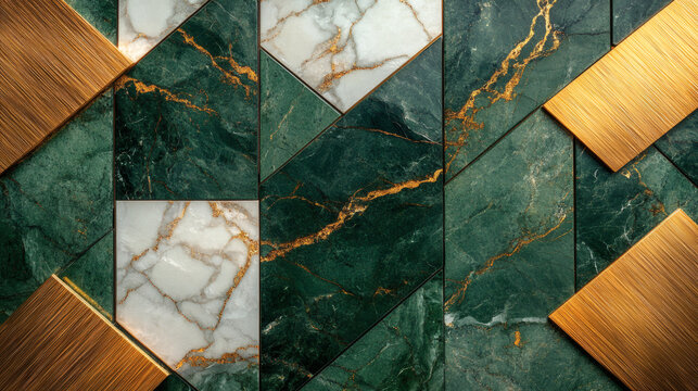 Premium luxury commercial product display background featuring deep forest green serpentinite marble and brushed gold metallic panels, elegant minimalist podium and top-down flat lay background for or