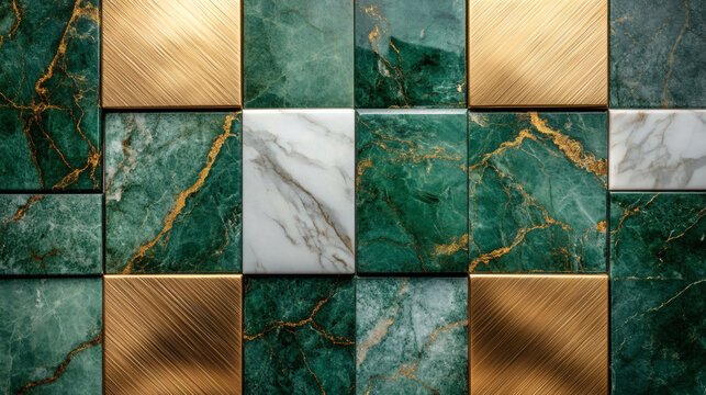 Premium luxury commercial product display background featuring deep forest green serpentinite marble and brushed gold metallic panels, elegant minimalist podium and top-down flat lay background for or