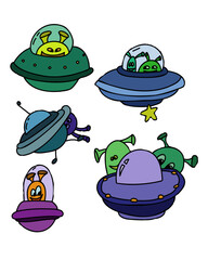 colorful set of cute doodle aliens in UFO flying saucers vector illustration © SunnyColoring