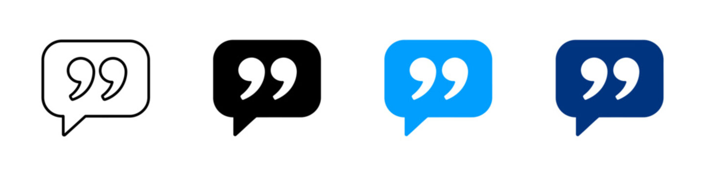 Quotation mark speech bubble icon set in outline, solid glyph and flat color style isolated on white background