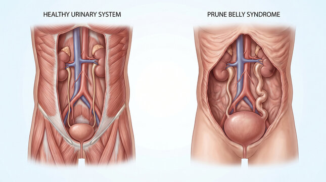 Anatomical Comparison of Healthy Urinary System and Prune Belly Syndrome