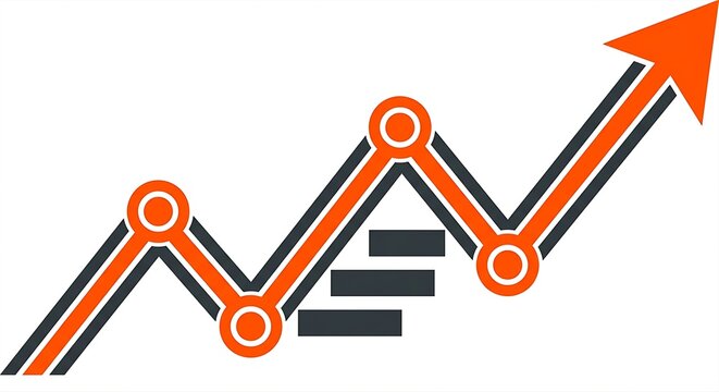 Minimalist investment growth icon featuring an upward zigzag arrow integrated with performance circuit nodes and milestone bars, business scale concept, flat 2D vector illustration, dark anth
