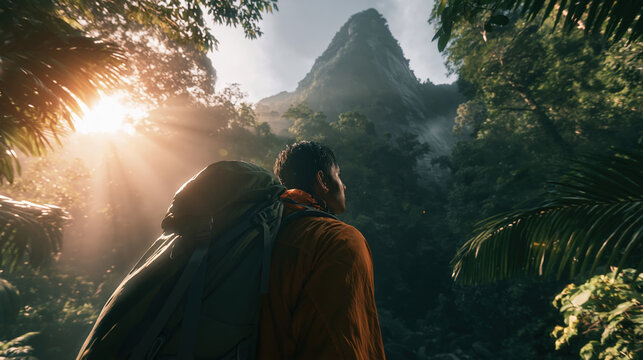 Outdoor adventure explore. A vivid portrayal of a solitary figure standing in a lush, tropical forest. The person, facing away from the viewer, wears a backpack and a longsleeved orange jacket.