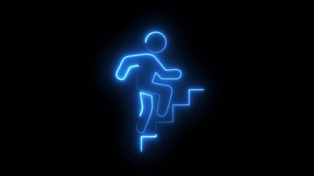 minimalist person climbing stairs icons depicting progress, success, ambition, and upward movement, motion graphic design strategy, productivity, career path,