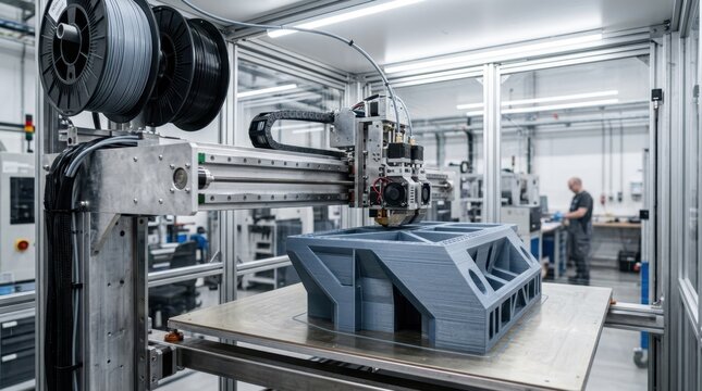 Concept of large-scale 3D printing: industrial FFF printer, nozzle assembly, filament spools, build plate, and a massive polymer part inside a clean production cell, sharp metal surfaces, blurred