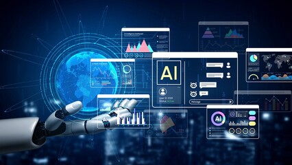 Obraz premium Futuristic Robotic Hand Interacting with Digital Interfaces and Global Data Visualization for Artificial Intelligence Concepts. Entropy.