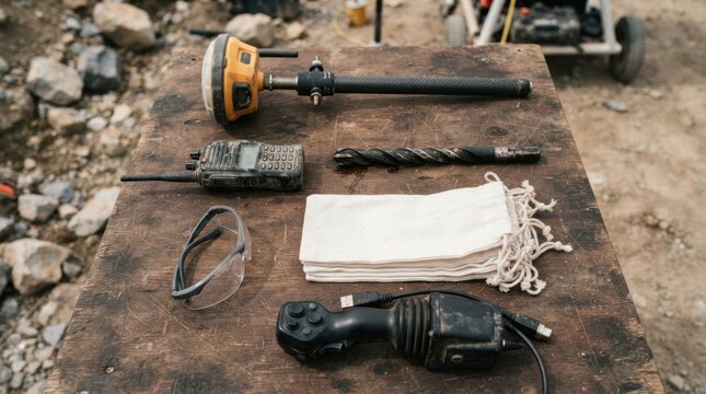 Mining technology setup with GPS rover, rugged radio, drill bit, sample bags, safety glasses, and control joystick on a field table.