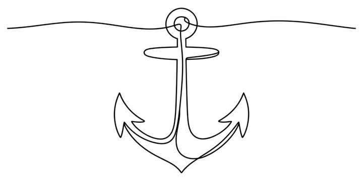 Continuous single line drawing of a nautical ship anchor with a long rope creating a simple minimalist marine icon design for travel and sea Vector, illustration