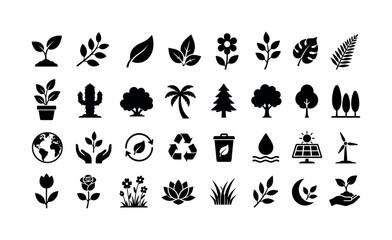 Obraz premium Black plant and environment silhouette icon collection, plants, environment, icons, leaves, flowers, trees, recycling, black,