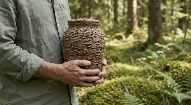 Hands holding an organic biodegradable urn in a forest. Eco-friendly natural cremation container for a green burial. Sustainable end-of-life concept