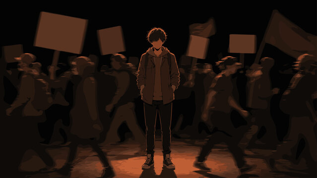 Young activist standing still while blurred protest signs move through a dark crowd, activist, protest signs, crowd, social issue,