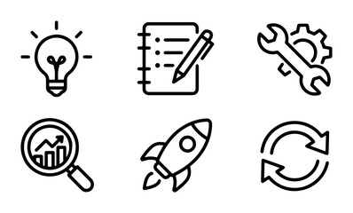 Fototapeta premium Business Icons Set: Idea, Planning, Tools, Analytics, Launch, Cycle. Vector Graphics for Strategy & Growth