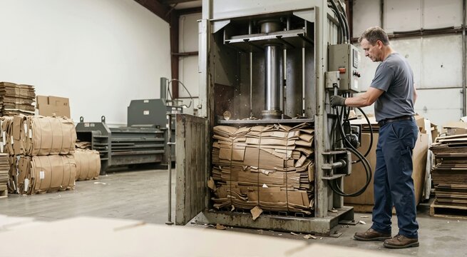 Worker operating an industrial cardboard baling machine in a warehouse. Hydraulic press compressing waste boxes for recycling