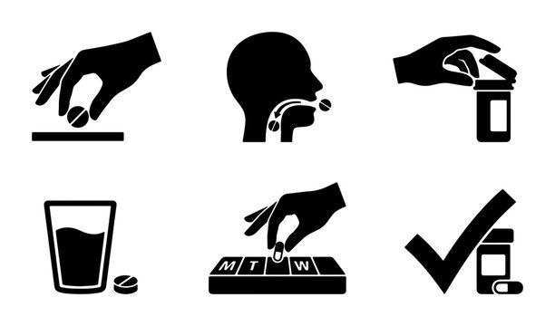 Medical Icons Set: Pill Taking, Dosage, and Health Care Instructions, Vector Graphics