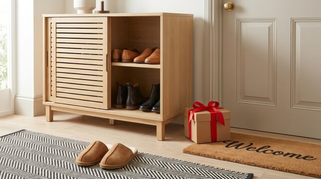 Modern home entryway featuring a wooden shoe cabinet and a welcome mat.