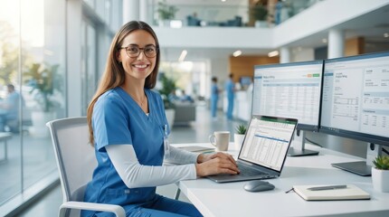 Fototapeta premium A professional doctor studying medical bills and invoices on a laptop in a modern office.