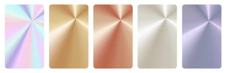 A collection of metallic radial gradients featuring glossy polished steel, gold,silver,mother-of-pearl and copper in circular textures.A card template with shiny vector backgrounds for modern branding © Hanna
