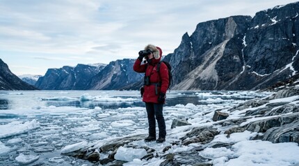 Obraz premium Bundled field researcher in a red parka scanning fractured sea ice and landslide scars along a cold fjord shoreline