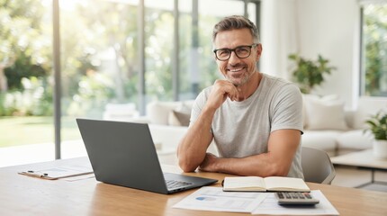 Fototapeta premium A happy mature man using a laptop at home for financial research and budget income management.