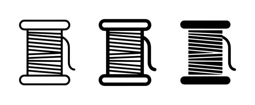 Set of 3 Spool Icons: Outline, Filled Outline, and Solid Black Thread Spools